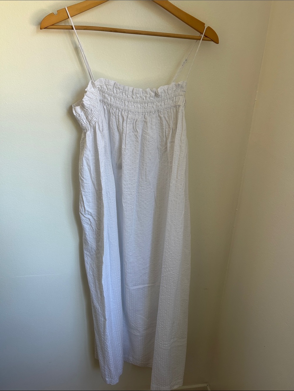 H&M White Seersucker Smocked Bodice Strappy Midi Dress, Size S